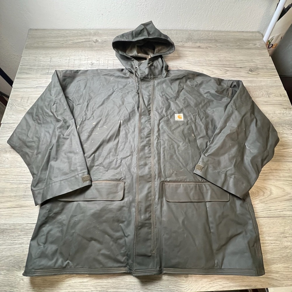 Carhartt Rain Jacket Mens Large Green 101076 PVC Waterproof Hooded Work Coat
